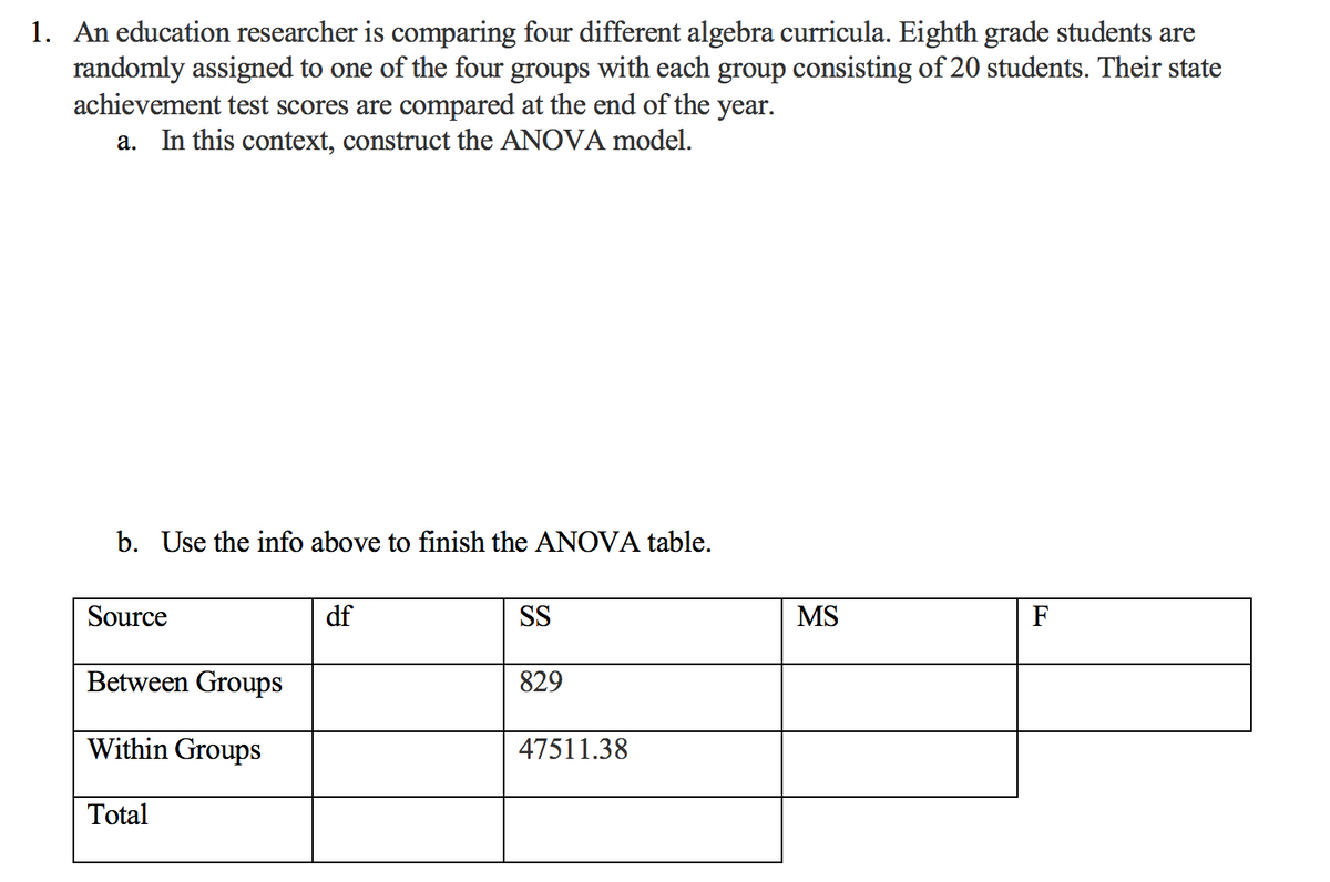 1. An education researcher is comparing four different algebra curricula. Eighth grade students are
randomly assigned to one of the four groups with each group consisting of 20 students. Their state
achievement test scores are compared at the end of the year.
a. In this context, construct the ANOVA model.
b. Use the info above to finish the ANOVA table.
Source
df
SS
MS
F
Between Groups
829
Within Groups
47511.38
Total
