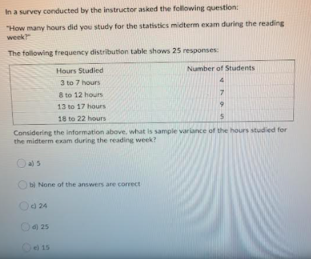 In a survey conducted by the instructor asked the following question:
"How many hours did you study for the statistics midterm exam during the reading
week?"
The following frequency distribution table shows 25 responses:
Hours Studied
Number of Students
3 to 7 hours
8 to 12 hours
13 to 17 hours
9
18 to 22 hours
Considering the information above, what is sample variance of the hours studied for
the midterm exam during the reading week?
a) 5
b) None of the answers are correct
Od 24
Od) 25
Oe) 15
%24
