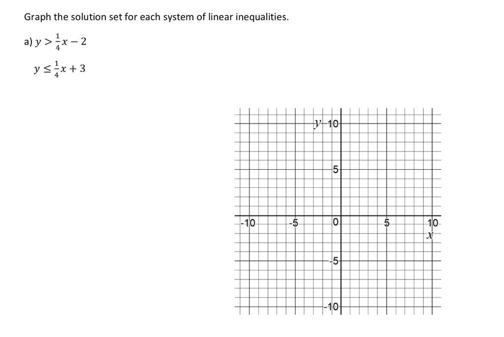 Graph the solution set for each system of linear inequalities.
a) y >x- 2
y<x+3
ty-10
5-
-10
-5
5-
10
-5
