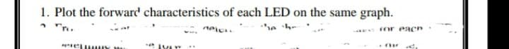 1. Plot the forward characteristics of each LED on the same graph.
he hr
e or each
