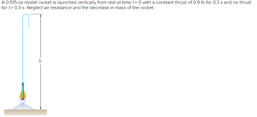 A 0.515-oz model rocket is launched vertically from rest at time t= 0 with a constant thrust of 0.9 Ib for 0.3 s and no thrust
for t> 0.3 s. Neglect air resistance and the decrease in mass of the rocket.
h
