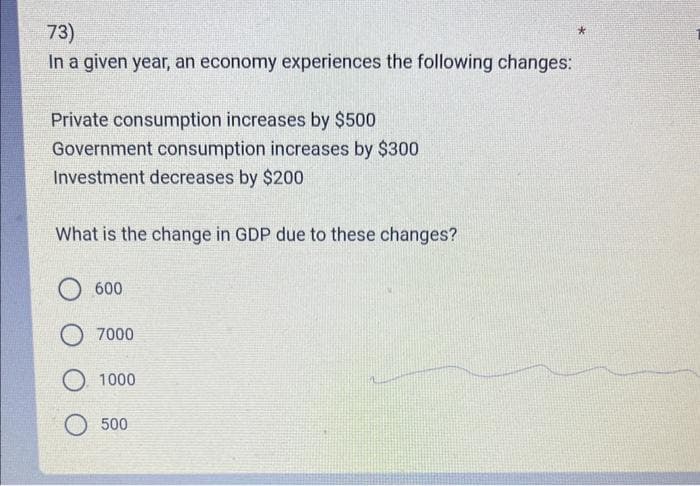 73)
In a given year, an economy experiences the following changes:
Private consumption increases by $500
Government consumption increases by $300
Investment decreases by $200
What is the change in GDP due to these changes?
600
7000
O 1000
O 500
*