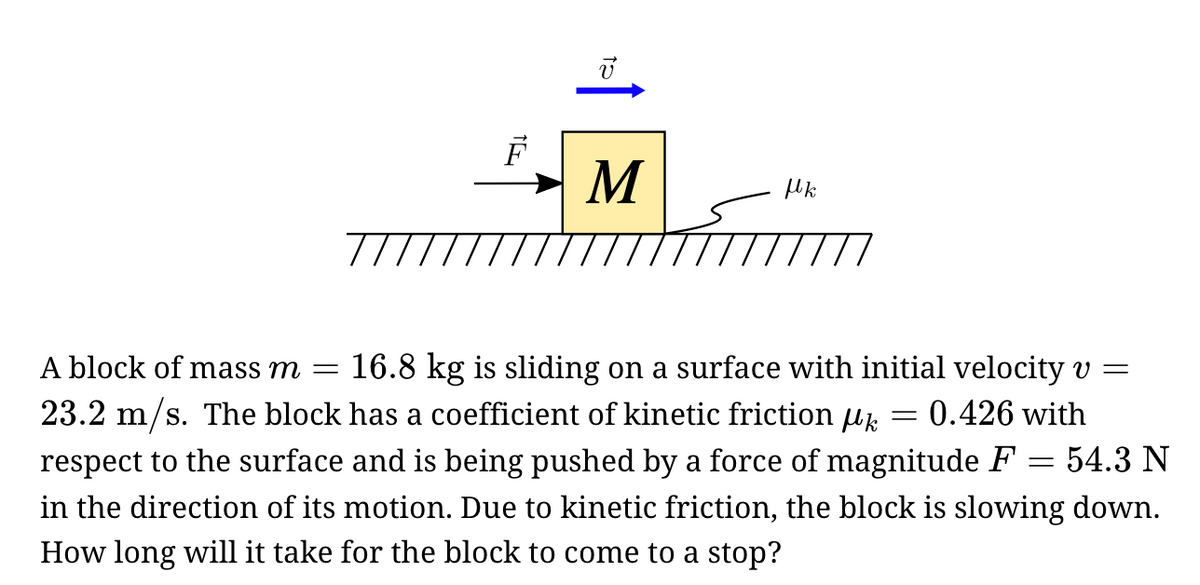 F
M
A block of mass m =
16.8 kg is sliding on a surface with initial velocity v =
23.2 m/s. The block has a coefficient of kinetic friction uk
respect to the surface and is being pushed by a force of magnitude F
in the direction of its motion. Due to kinetic friction, the block is slowing down.
How long will it take for the block to come to a stop?
0.426 with
54.3 N
