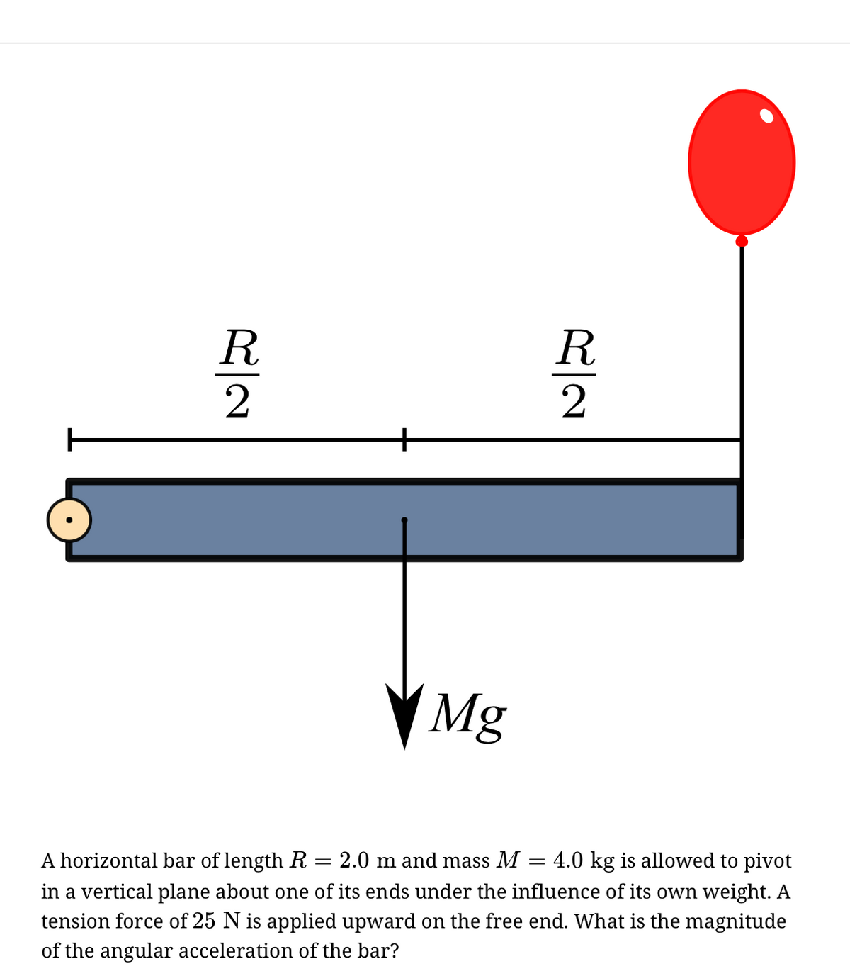 2
VMg
A horizontal bar of length R = 2.0 m and mass M = 4.0 kg is allowed to pivot
in a vertical plane about one of its ends under the influence of its own weight. A
tension force of 25 N is applied upward on the free end. What is the magnitude
of the angular acceleration of the bar?
