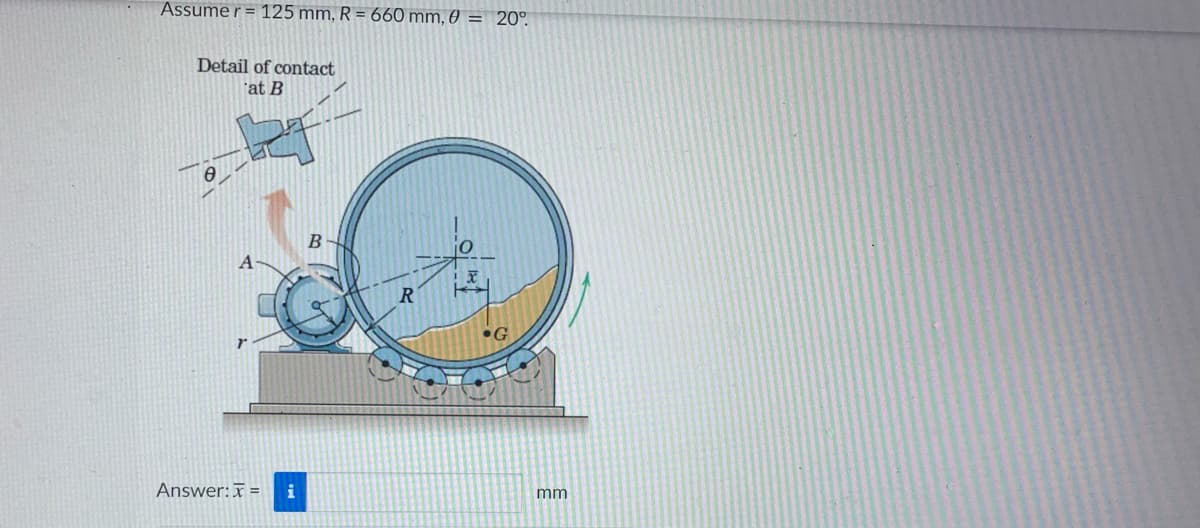 Assumer 125 mm, R = 660 mm, 0 = 20°.
Detail of contact
at B
A
Answer: x =
B
R
G
mm