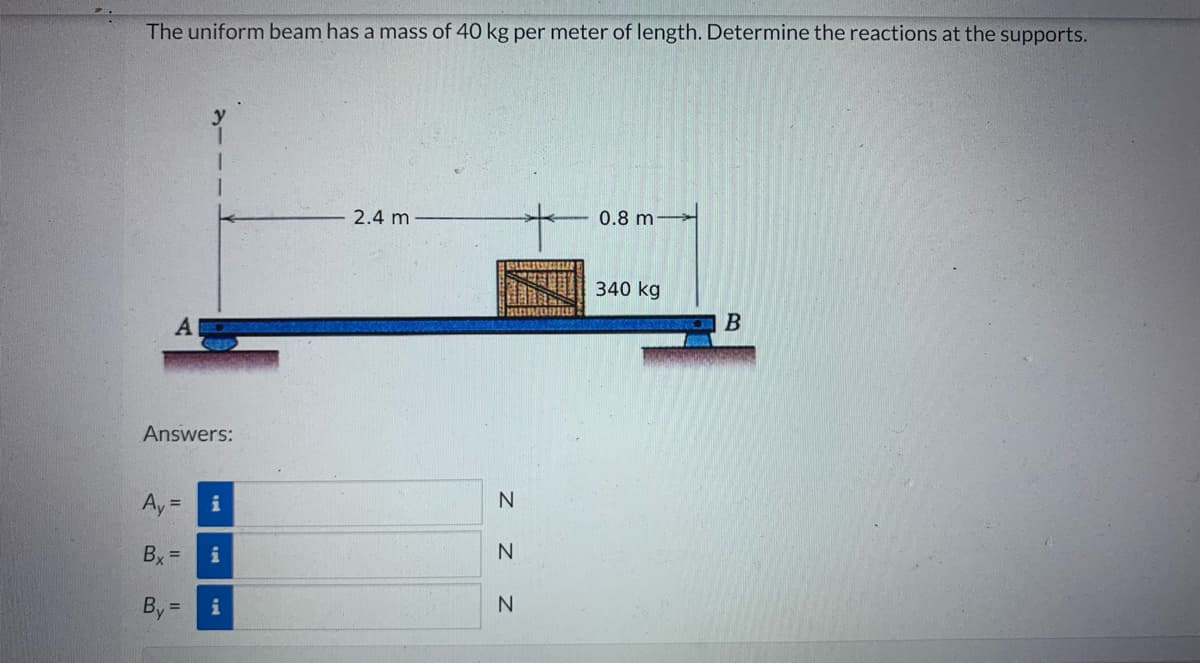 The uniform beam has a mass of 40 kg per meter of length. Determine the reactions at the supports.
A
Answers:
Ay
Bx= i
co
=
i
i
2.4 m
Z Z
N
N
N
0.8 m-
340 kg
B