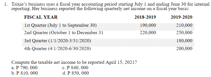 1. Trixie's business uses a fiscal year accounting period starting July 1 and ending June 30 for internal
reporting. Her business reported the following quarterly net income on a fiscal year basis:
FISCAL YEAR
2018-2019
2019-2020
1st Quarter (July 1 to September 30)
190,000
210,000
2nd Quarter (October 1 to December 31
220,000
250,000
3rd Quarter (1/1/2020-3/31/2020)
180,000
4th Quarter (4/1/2020-6/30/2020)
200,000
Compute the taxable net income to be reported April 15, 2021?
c. P 840, 000
d. P 850, 000
а. Р 790, 000
b. P 810, 000
