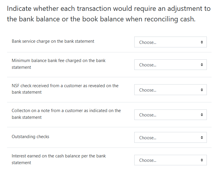 Indicate whether each transaction would require an adjustment to
the bank balance or the book balance when reconciling cash.
Bank service charge on the bank statement
Choose.
Minimum balance bank fee charged on the bank
Choose.
statement
NSF check received from a customer as revealed on the
Choose.
bank statement
Collecton on a note from a customer as indicated on the
Choose.
bank statement
Outstanding checks
Choose.
Interest earned on the cash balance per the bank
Choose.
statement
