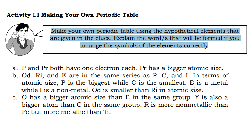 Activity I.I Making Your Own Periodic Table
Make your own periodic table using the hypothetical elements that
are given in the clues. Explain the word/s that will be formed if you
arrange the symbols of the elements correctly.
a. P and Pr both have one electron each. Pr has a bigger atomic size.
b. Od, Ri, and E are in the same series as P, C, and I. In terms of
atomic size, P is the biggest while C is the smallest. E is a metal
while I is a non-metal. Od is smaller than Ri in atomic size.
c. O has a bigger atomic size than E in the same group. Y is also a
bigger atom than C in the same group. R is more nonmetallic than
Pe but more metallic than Ti.
