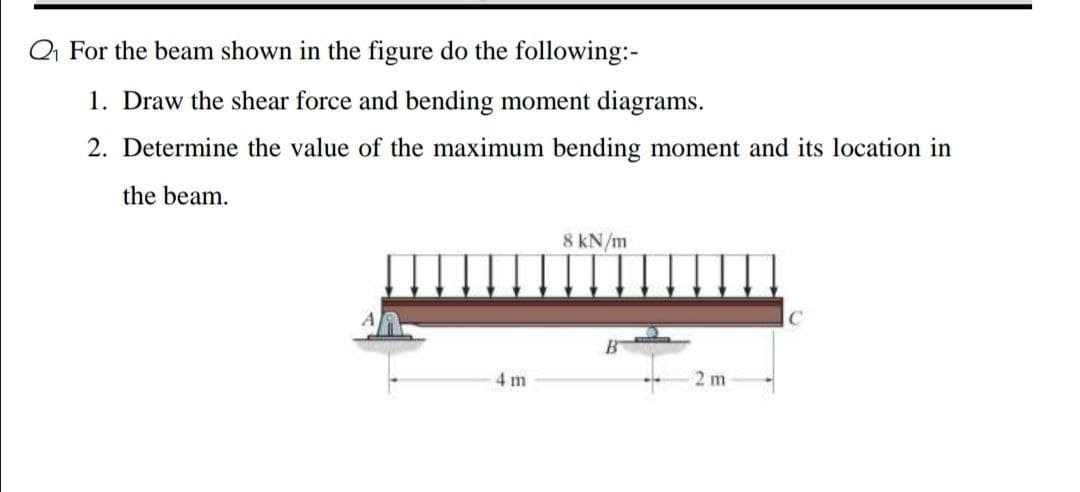 Q For the beam shown in the figure do the following:-
1. Draw the shear force and bending moment diagrams.
2. Determine the value of the maximum bending moment and its location in
the beam.
8 kN/m
4 m
2 m

