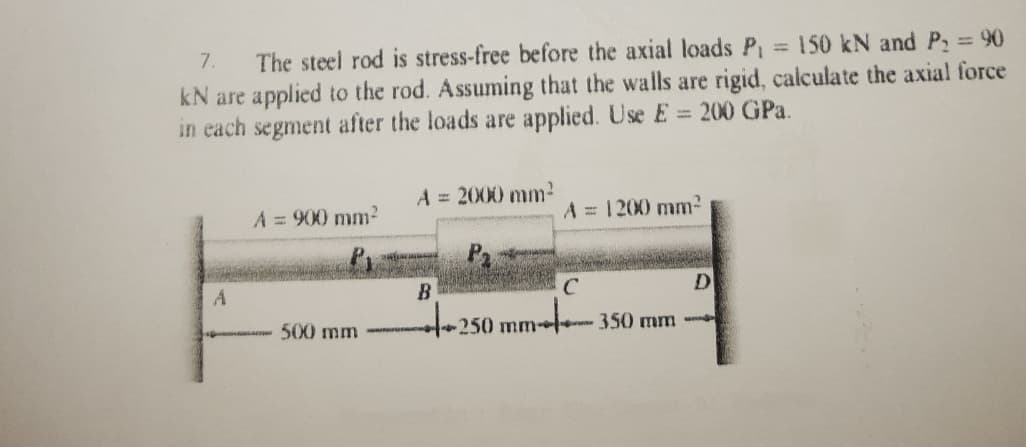 The steel rod is stress-free before the axial loads P 150 kN and P2 90
kN are applied to the rod. Assuming that the walls are rigid, calculate the axial force
in each segment after the loads are applied. Use E = 200 GPa.
7.
A = 2000 mm2
A = 900 mm2
A = 1200 mm?
B
500 mm
250 mm 350 mm
