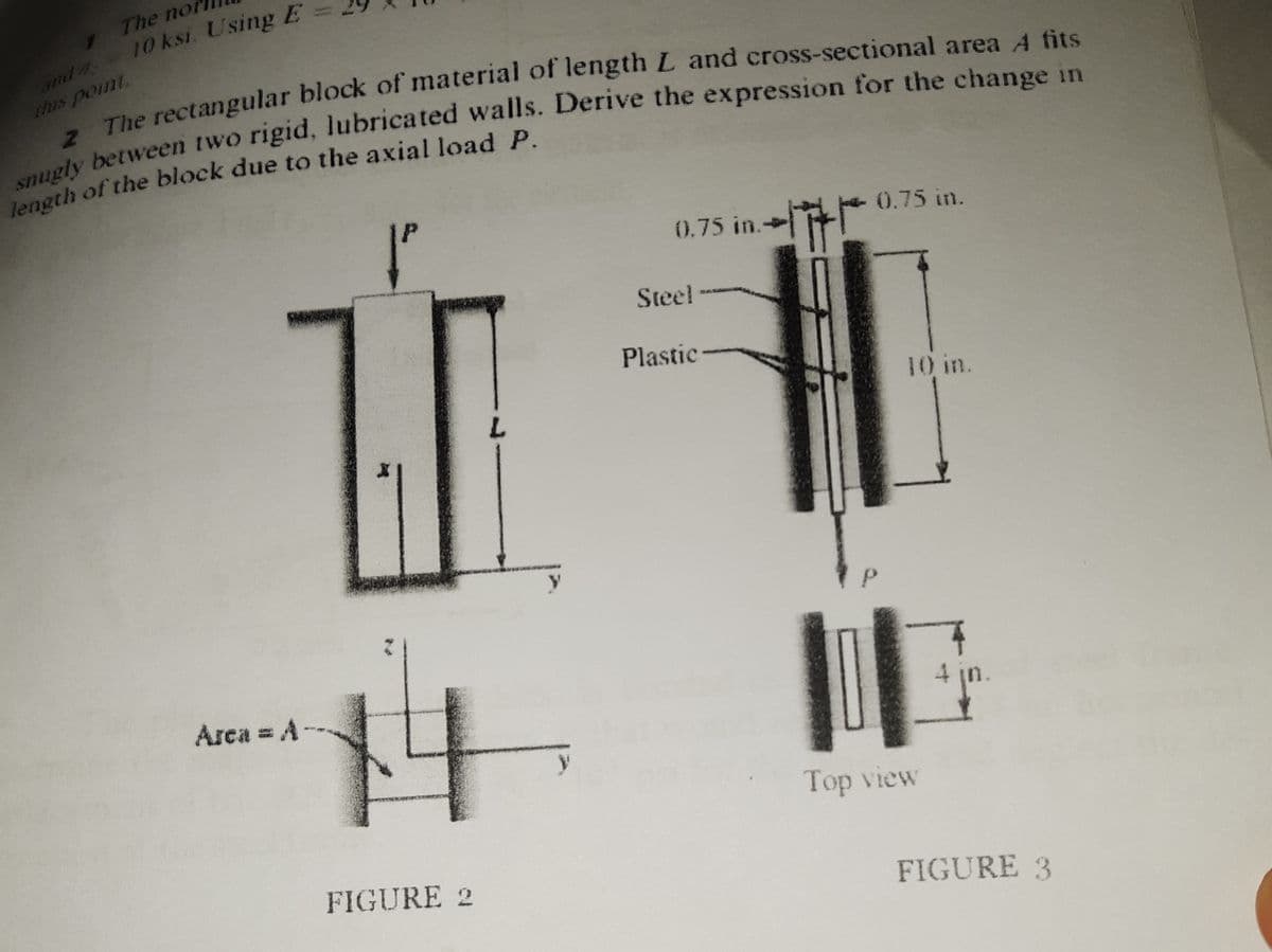 The nor
01
10 ksi. Using E =
anda
this point.
Langth of the block due to the axial load P.
0.75 in.
- 0.75 in.
Steel
Plastic
10 in.
Arca = A
4 jn.
Top view
FIGURE 2
FIGURE 3
