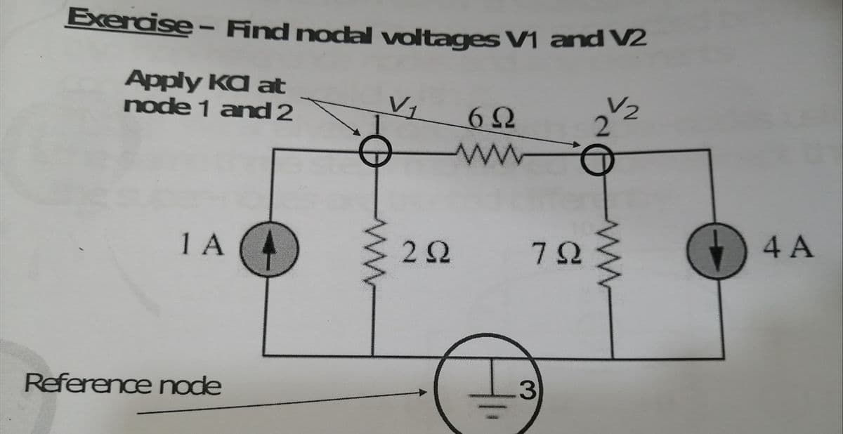 Exercise- Aind nodal voltages V1 and V2
Apply Ka at
node 1 and2
V2
V1
4A
1 A
3
Reference node
