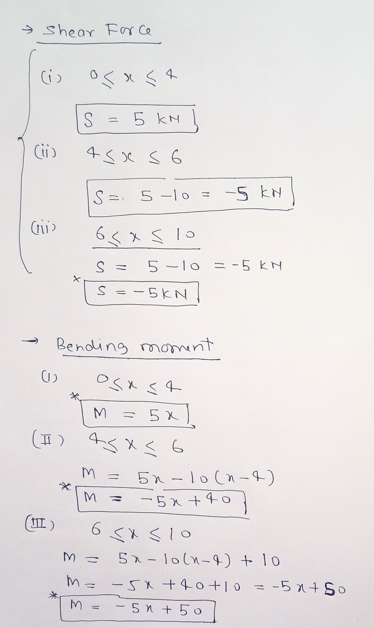 う shear Frce
0くx八
5 kM
二
Ci)
5-10 =
-5 kN
65x510
X s lo
Sミ
5-lo ニ -5kN
S = -5KN
Bending moment
M.
= 5x)
ニ
5x-10(n-4)
ニ
ー5x+40
6<xく1o
5x-1o(n-4) t 10
ニW
M= -5 +40+10 = -5x+So
-5x+ S0
- 5n + 5o
-
の
の
