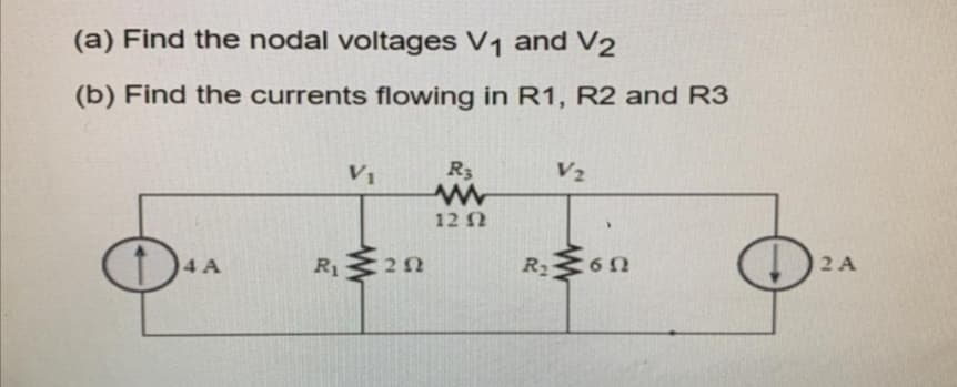 (a) Find the nodal voltages V1 and V2
(b) Find the currents flowing in R1, R2 and R3
V1
R3
V2
12 2
2 A
4 A
R1
R21
