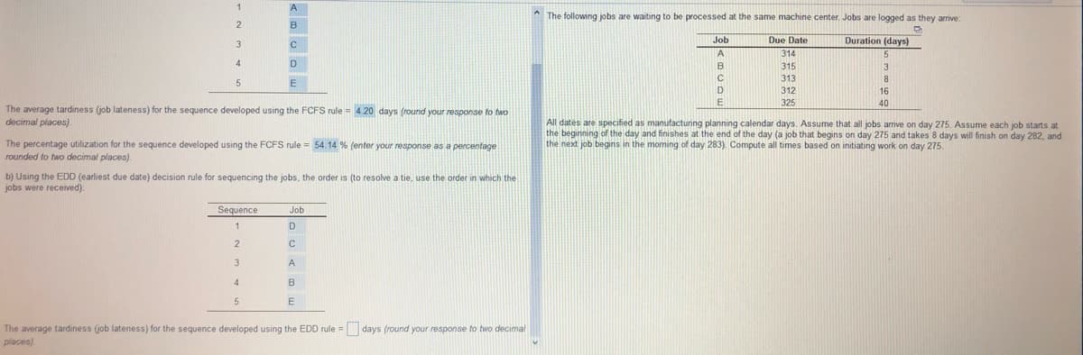 A
O The following jobs are waiting to be processed at the same machine center. Jobs are logged as they arrive:
2
B
Job
Due Date
Duration (days)
A
314
5
4
B
315
3
C
313
D
312
16
325
40
The average tardiness (job lateness) for the sequence developed using the FCFS rule = 4.20 days (round your response to two
decimal places)
All dates are specified as manufacturing planning calendar days. Assume that all jobs arrive on day 275. Assume each job starts at
the beginning of the day and finishes at the end of the day (a job that begins on day 275 and takes 8 days will finish on day 282, and
the next job begins in the moming of day 283). Compute all times based on initiating work on day 275.
The percentage utilization for the sequence developed using the FCFS rule = 54.14 % (enter your response as a percentage
rounded to two decimal places).
b) Using the EDD (earliest due date) decision rule for sequencing the jobs, the order is (to resolve a tie, use the order in which the
jobs were received):
Sequence
Job
D
A
5
E
The average tardiness (job lateness) for the sequence developed using the EDD rule = days (round your response to two decimal
places)
