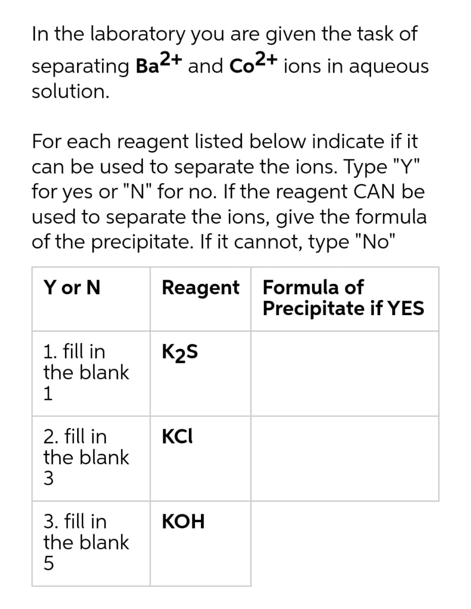 In the laboratory you are given the task of
separating Ba2+ and Co2+ ions in aqueous
solution.
For each reagent listed below indicate if it
can be used to separate the ions. Type "Y"
for yes or "N" for no. If the reagent CAN be
used to separate the ions, give the formula
of the precipitate. If it cannot, type "No"
Y or N
Reagent Formula of
Precipitate if YES
1. fill in
the blank
K2S
1
2. fill in
the blank
3
KCI
3. fill in
the blank
5
КОН
