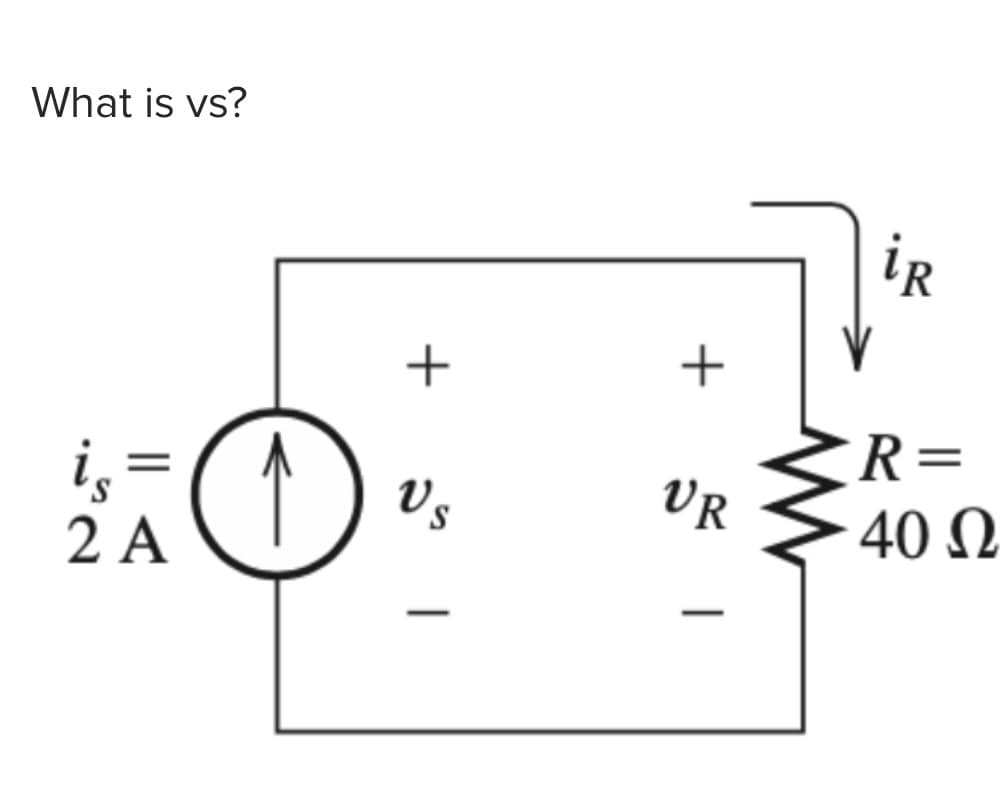 What is vs?
is
=
↑
ZÃO
2 A
+
Vs
+
VR
iR
R=
40 Ω