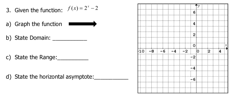 3. Given the function: f(x) = 2* – 2
a) Graph the function
4
b) State Domain:
10
-8
-6
-4
-2
2
4
c) State the Range:
-2
-4
d) State the horizontal asymptote:_
