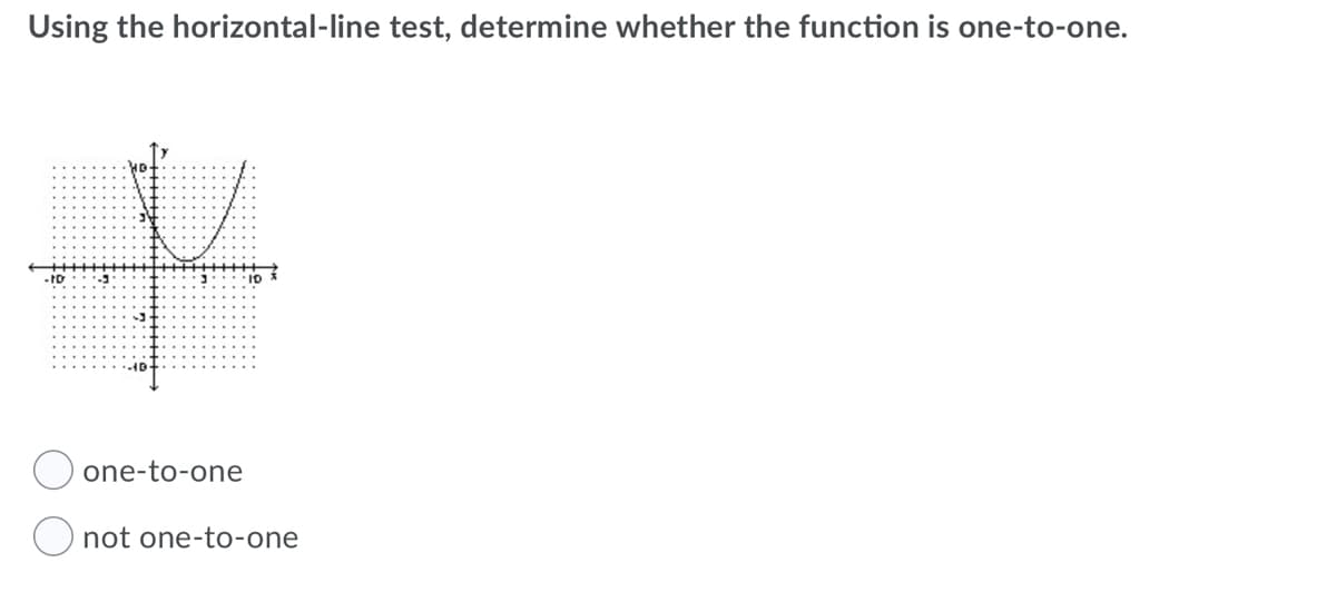 Using the horizontal-line test, determine whether the function is one-to-one.
one-to-one
not one-to-one
