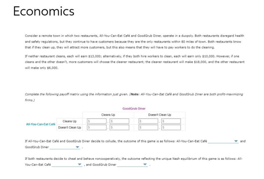Economics
Consider a remote town in which two restaurants, All-You-Can-Eat Café and GoodGrub Diner, operate in a duopoly. Both restaurants disregard health
and safety regulations, but they continue to have customers because they are the only restaurants within 80 miles of town. Both restaurants know
that if they clean up, they will attract more customers, but this also means that they will have to pay workers to do the cleaning.
If neither restaurant cleans, each will earn $13,000; alternatively, if they both hire workers to clean, each will earn only $10,000. However, if one
cleans and the other doesn't, more customers will choose the cleaner restaurant; the cleaner restaurant will make $18,000, and the other restaurant
will make only $6,000.
Complete the following payoff matrix using the information just given. (Note: All-You-Can-Eat Café and GoodGrub Diner are both profit-maximizing
firms.)
All-You-Can-Eat Café
Cleans Up
Doesn't Clean Up
$
$
Cleans Up
$
$
GoodGrub Diner
Doesn't Clean Up
$
If All-You-Can-Eat Café and GoodGrub Diner decide to collude, the outcome of this game is as follows: All-You-Can-Eat Café
GoodGrub Diner
and
If both restaurants decide to cheat and behave noncooperatively, the outcome reflecting the unique Nash equilibrium of this game is as follows: All-
You-Can-Eat Café
, and GoodGrub Diner