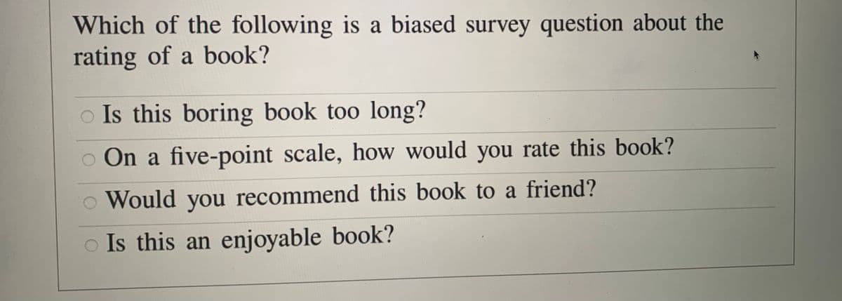 Which of the following is a biased survey question about the
rating of a book?
Is this boring book too long?
o On a five-point scale, how would you rate this book?
o Would you recommend this book to a friend?
o Is this an enjoyable book?
