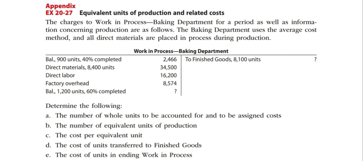 Appendix
EX 20-27 Equivalent units of production and related costs
The charges to Work in Process-Baking Department for a period as well as informa-
tion concerning production are as follows. The Baking Department uses the average cost
method, and all direct materials are placed in process during production.
Work in Process-Baking Department
Bal., 900 units, 40% completed
2,466
To Finished Goods, 8,100 units
?
Direct materials, 8,400 units
34,500
Direct labor
16,200
Factory overhead
Bal., 1,200 units, 60% completed
8,574
?
Determine the following:
a. The number of whole units to be accounted for and to be assigned costs
b. The number of equivalent units of production
c. The cost per equivalent unit
d. The cost of units transferred to Finished Goods
e. The cost of units in ending Work in Process
