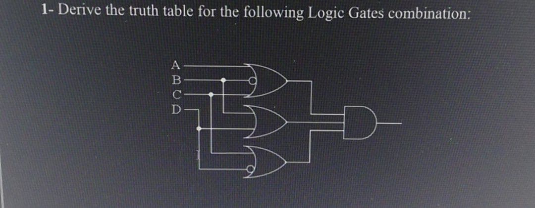 1- Derive the truth table for the following Logic Gates combination:
ABCD
B