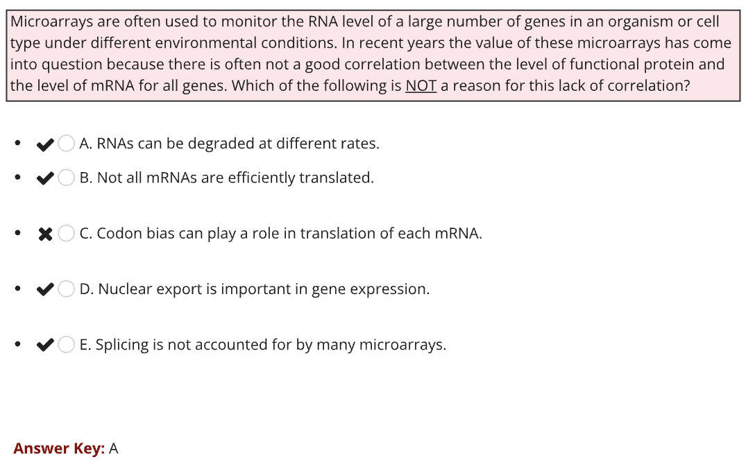 Microarrays are often used to monitor the RNA level of a large number of genes in an organism or cell
type under different environmental conditions. In recent years the value of these microarrays has come
into question because there is often not a good correlation between the level of functional protein and
the level of mRNA for all genes. Which of the following is NOT a reason for this lack of correlation?
X
A. RNAs can be degraded at different rates.
B. Not all mRNAs are efficiently translated.
C. Codon bias can play a role in translation of each mRNA.
D. Nuclear export is important in gene expression.
E. Splicing is not accounted for by many microarrays.
Answer Key: A