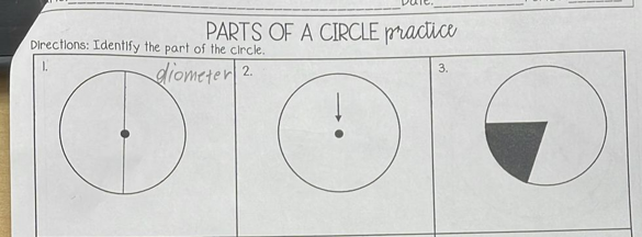 PARTS OF A CIRCLE ractice
Directions: Identify the part of the circle.
diometer 2.
3.
