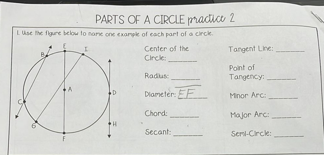 PARTS OF A CIRCLE practice 2
I. Use the flgure below to name one example of each part of a circle.
E
Center of the
Tangent Line:
B.
Circle:
Point of
Radius:
Tangency:
Dlameter: EF
Minor Arc:
Chord:
Major Arc:
Secant:
Seml-Circle:
