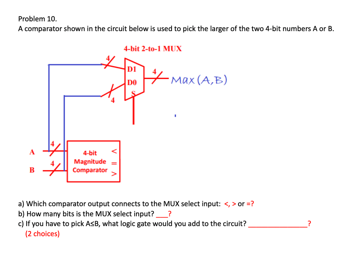Problem 10.
A comparator shown in the circuit below is used to pick the larger of the two 4-bit numbers A or B.
4-bit 2-to-1 MUX
to
D1
DO
Max (A,B)
4
A
4-bit
Magnitude
Comparator
4
В
a) Which comparator output connects to the MUX select input: <, > or =?
b) How many bits is the MUX select input?__?
c) If you have to pick ASB, what logic gate would you add to the circuit?
(2 choices)
V
