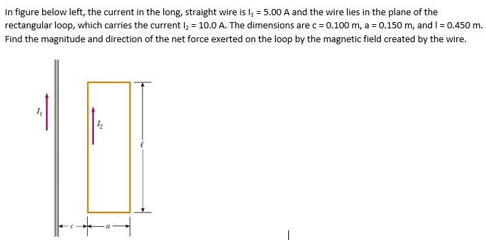 In figure below left, the current in the long, straight wire is I₁ = 5.00 A and the wire lies in the plane of the
rectangular loop, which carries the current l₂ = 10.0 A. The dimensions are c = 0.100 m, a = 0.150 m, and I = 0.450 m.
Find the magnitude and direction of the net force exerted on the loop by the magnetic field created by the wire.