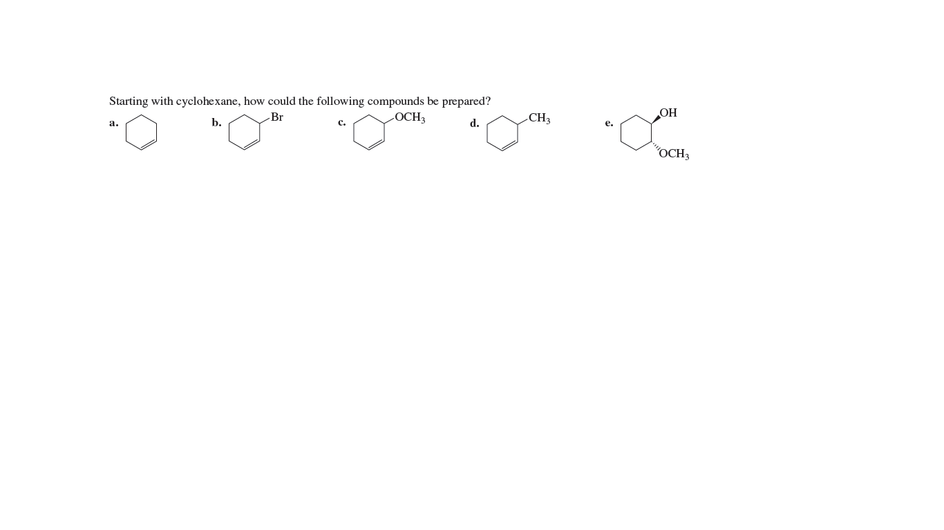 Starting with cyclohexane, how could the following compounds be prepared?
Br
LOCH3
CH3
OH
а.
b.
с.
d.
е.
"OCH3
