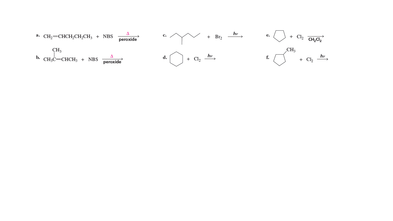 A
hv
а. CН,—СНСH,СН,CH, + NBS
+ Br2
+ Cl,
е.
peroxide
CH,CI,
CH3
CH,
hv
+ Cl,
hv
+ Cl,
b.
CHC—СНСH, + NBS
d.
f.
peroxide

