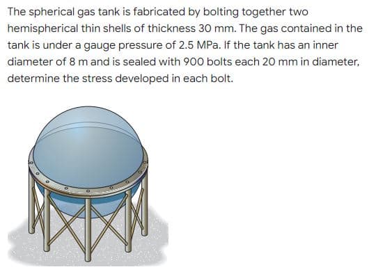 The spherical gas tank is fabricated by bolting together two
hemispherical thin shells of thickness 30 mm. The gas contained in the
tank is under a gauge pressure of 2.5 MPa. If the tank has an inner
diameter of 8 m and is sealed with 900 bolts each 20 mm in diameter,
determine the stress developed in each bolt.
