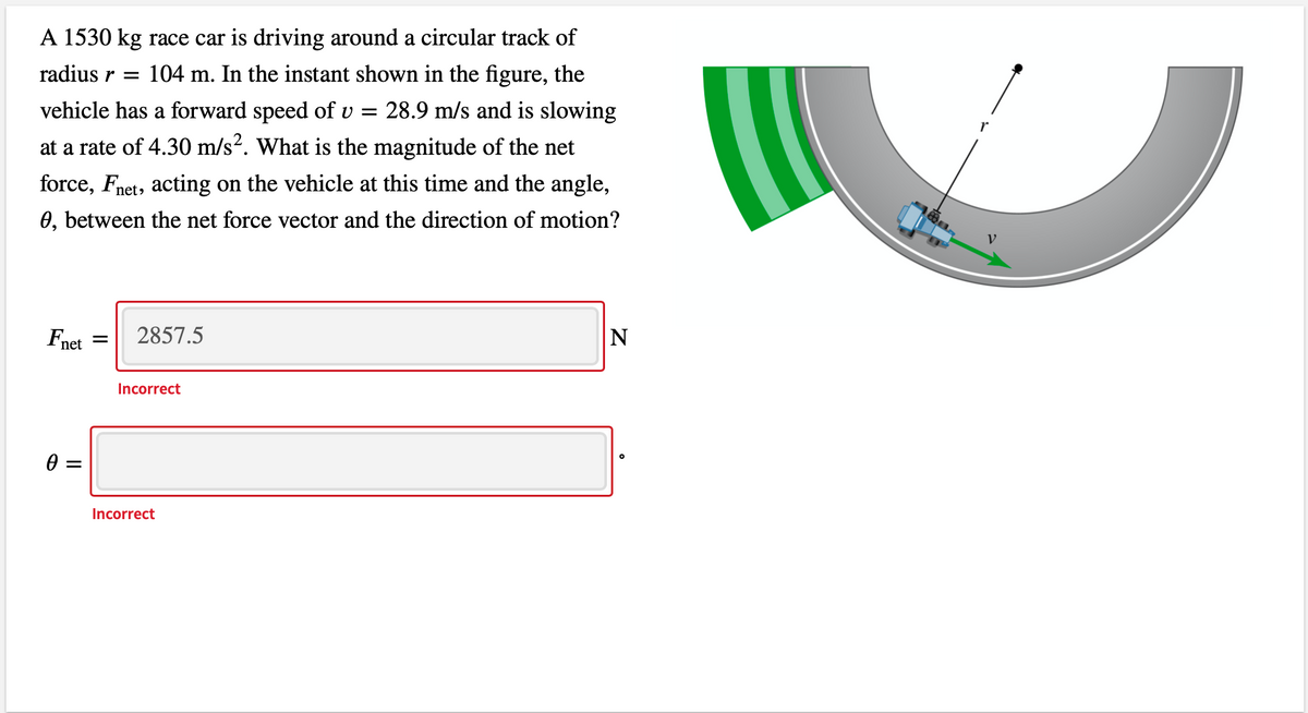 A 1530 kg race car is driving around a circular track of
104 m. In the instant shown in the figure, the
28.9 m/s and is slowing
radius r =
vehicle has a forward speed of v =
at a rate of 4.30 m/s². What is the magnitude of the net
force, Fnet, acting on the vehicle at this time and the angle,
0, between the net force vector and the direction of motion?
Fnet
2857.5
Incorrect
=
Incorrect

