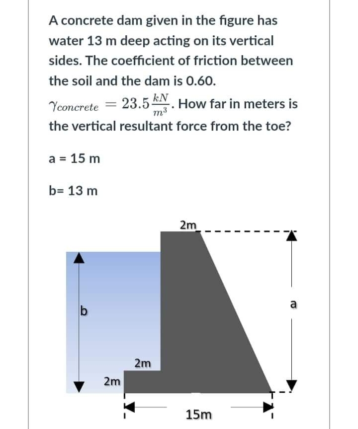 A concrete dam given in the figure has
water 13 m deep acting on its vertical
sides. The coefficient of friction between
the soil and the dam is 0.60.
-
23.5. How far in meters is
Yconcrete
m³
the vertical resultant force from the toe?
a = 15 m
b= 13 m
2m
a
b
2m
2m
15m