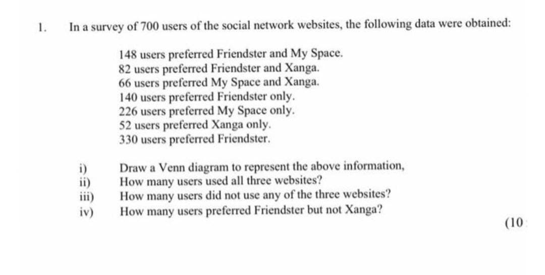 1.
In a survey of 700 users of the social network websites, the following data were obtained:
148 users preferred Friendster and My Space.
82 users preferred Friendster and Xanga.
66 users preferred My Space and Xanga.
140 users preferred Friendster only.
226 users preferred My Space only.
52 users preferred Xanga only.
330 users preferred Friendster.
Draw a Venn diagram to represent the above information,
How many users used all three websites?
How many users did not use any of the three websites?
How many users preferred Friendster but not Xanga?
i)
iii)
iv)
(10
