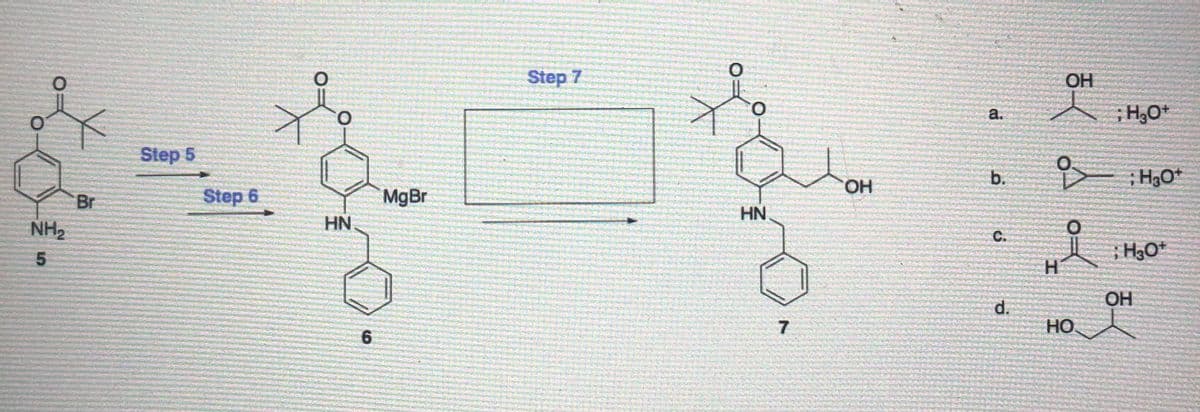 Step 7
OH
O.
H,O*
a.
Step 5
b.
; H3O*
OH
Br
Step 6
MgBr
HN
NH2
HN
C.
5.
H.
OH
d.
HO
6.
7,
