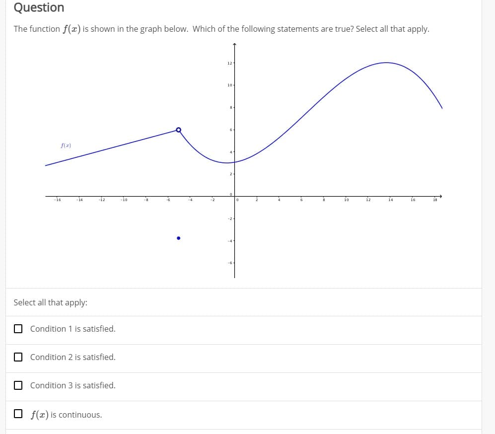 Question
The function f(x) is shown in the graph below. Which of the following statements are true? Select all that apply.
10
f(z)
-16
14
-10
-8
10
12
16
18
-12
Select all that apply:
O Condition 1 is satisfied.
O Condition 2 is satisfied.
O Condition 3 is satisfied.
O f(x) is continuous.
