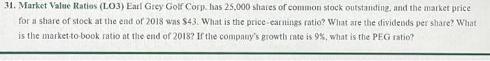 31. Market Value Ratios (LO3) Earl Grey Golf Corp. has 25,000 shares of common stock outstanding, and the market price
for a share of stock at the end of 2018 was $43. What is the price-earnings ratio? What are the dividends per share? What
is the market-to-book ratio at the end of 2018? If the company's growth rate is 9%, what is the PEG ratio?