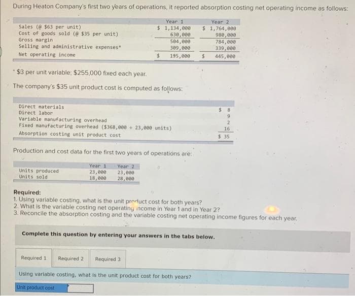 During Heaton Company's first two years of operations, it reported absorption costing net operating income as follows:
Sales (@$63 per unit)
Cost of goods sold (@ $35 per unit)
Gross margin
Selling and administrative expenses.
Net operating income
Direct materials
Direct labor
*$3 per unit variable: $255,000 fixed each year.
The company's $35 unit product cost is computed as follows:
Year 1
$ 1,134,000
630,000
504,000
309,000
195,000
$
Variable manufacturing overhead
Fixed manufacturing overhead ($368,000+ 23,000 units)
Absorption costing unit product cost
Units produced
Units sold
Production and cost data for the first two years of operations are:
Year 1 Year 2
23,000
23,000
18,000
28,000
Required 3
Required 1 Required 2
Using variable costing, what is the unit product cost for both years?
Unit product cost
Year 2
$ 1,764,000
980,000
784,000
339,000
445,000
$
8
Required:
1. Using variable costing, what is the unit product cost for both years?
2. What is the variable costing net operating income in Year 1 and in Year 2?
3. Reconcile the absorption costing and the variable costing net operating income figures for each year.
Complete this question by entering your answers in the tabs below.
9
2
16
$ 35