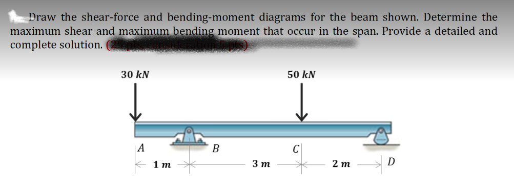 Draw the shear-force and bending-moment diagrams for the beam shown. Determine the
maximum shear and maximum bending moment that occur in the span. Provide a detailed and
complete solution.
30 kN
50 kN
A
B
с
D
1 m
3m
2m