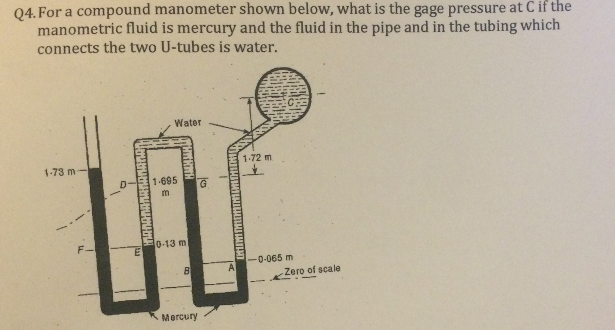 Q4. For a compound manometer shown below, what is the gage pressure at C if the
manometric fluid is mercury and the fluid in the pipe and in the tubing which
connects the two U-tubes is water.
Water
D- 1-695
G
m
LU
F-
0-13 m
E
A
1.73 m-
MANANAN
B
Mercury
HILHI
1.72 m.
-0-065 m
Zero of scale