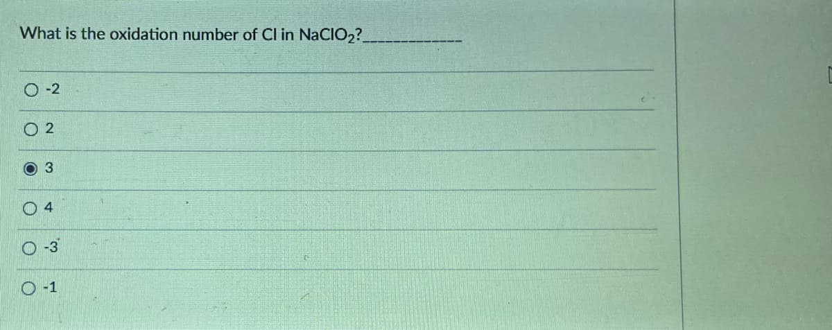 What is the oxidation number of Cl in NaCIO2?
O -2
O 2
O 3
4
-3
O -1
