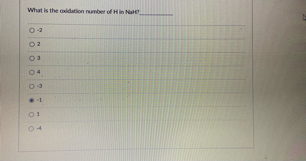 What is the oxidation number of H in NaH?
O -2
O 2
O3
0 4
O -3
-1
1
O -4
