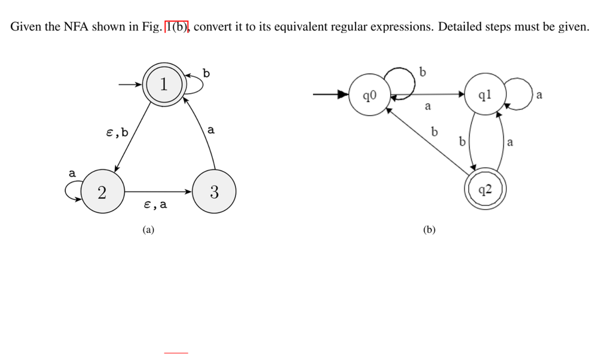 Given the NFA shown in Fig.[1(b), convert it to its equivalent regular expressions. Detailed steps must be given.
1
b
qo
q1
a
€,b,
a
b
a
a
3
€, а
q2
(a)
(b)
