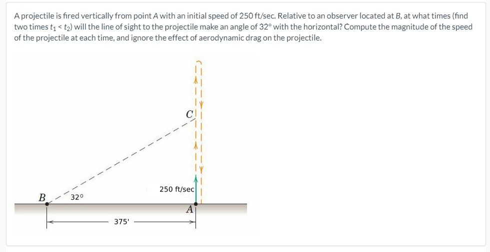 A projectile is fired vertically from point A with an initial speed of 250 ft/sec. Relative to an observer located at B, at what times (find
two times t1 < t2) will the line of sight to the projectile make an angle of 32° with the horizontal? Compute the magnitude of the speed
of the projectile at each time, and ignore the effect of aerodynamic drag on the projectile.
250 ft/sec
B
320
A
375'
