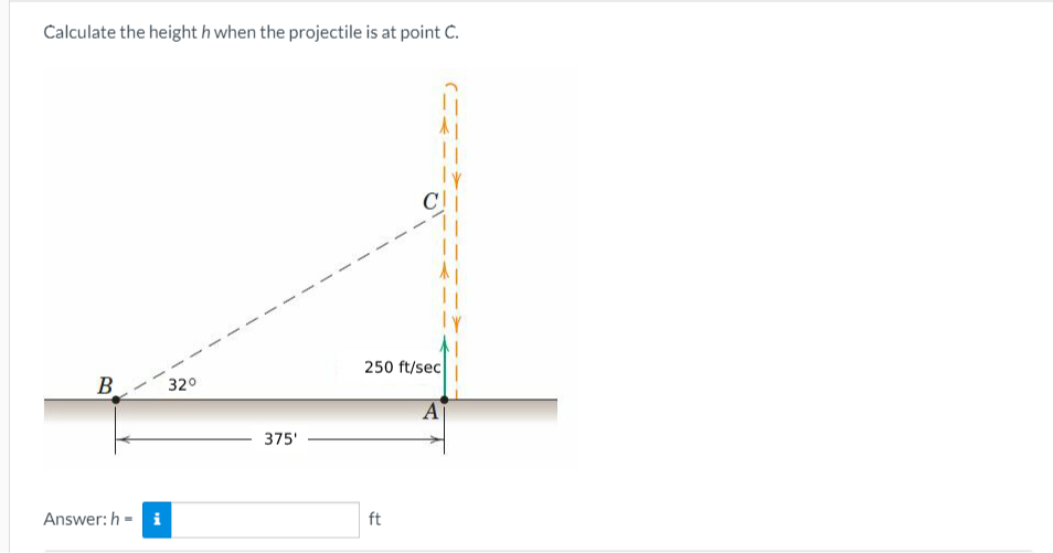 Calculate the height h when the projectile is at point C.
250 ft/sec
B.
320
375'
Answer: h
i
ft
